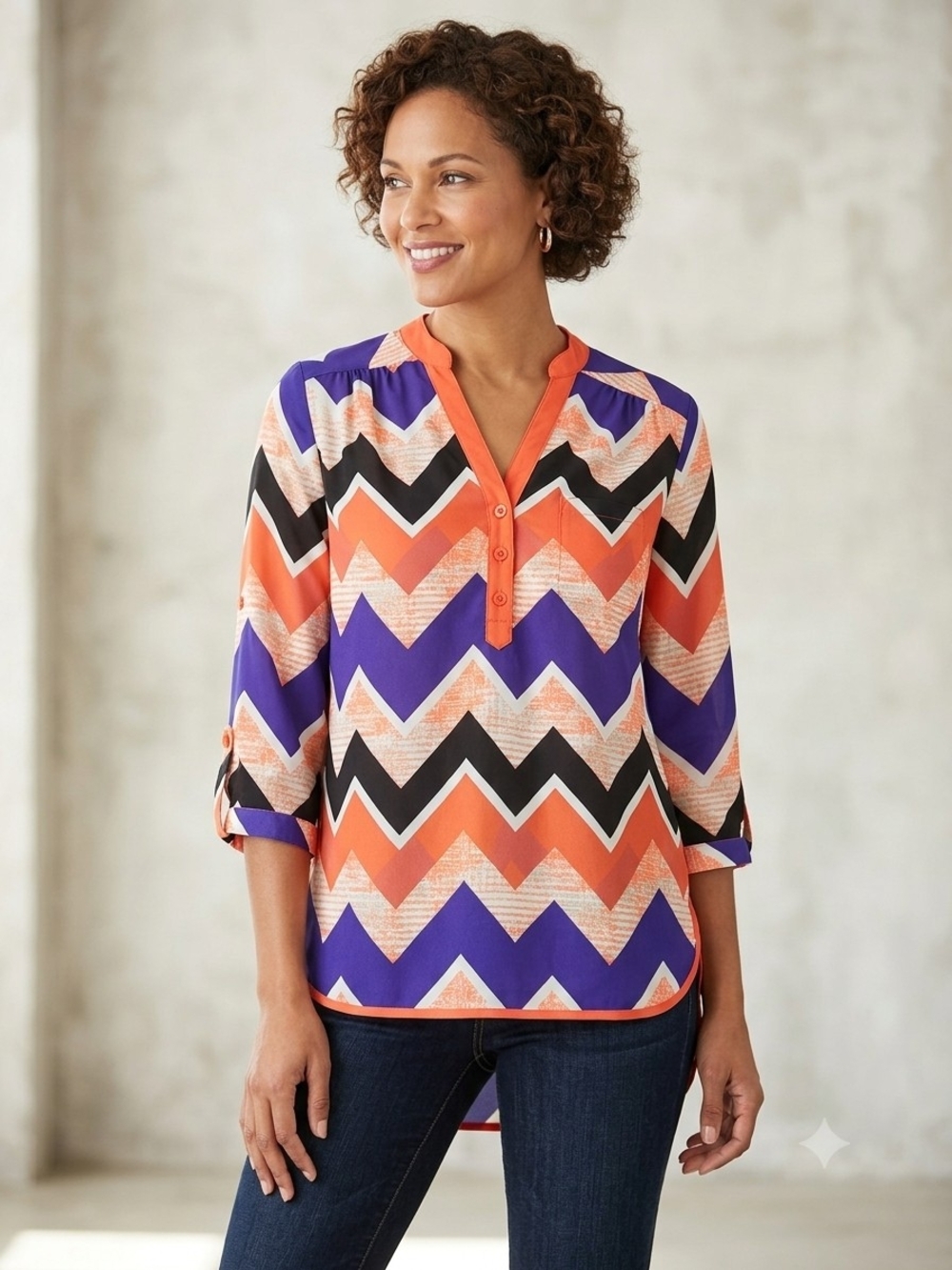 Takara Chevron High Low Blouse 3/4 Sleeve Roll Tab Blue Orange Excellent Cond.